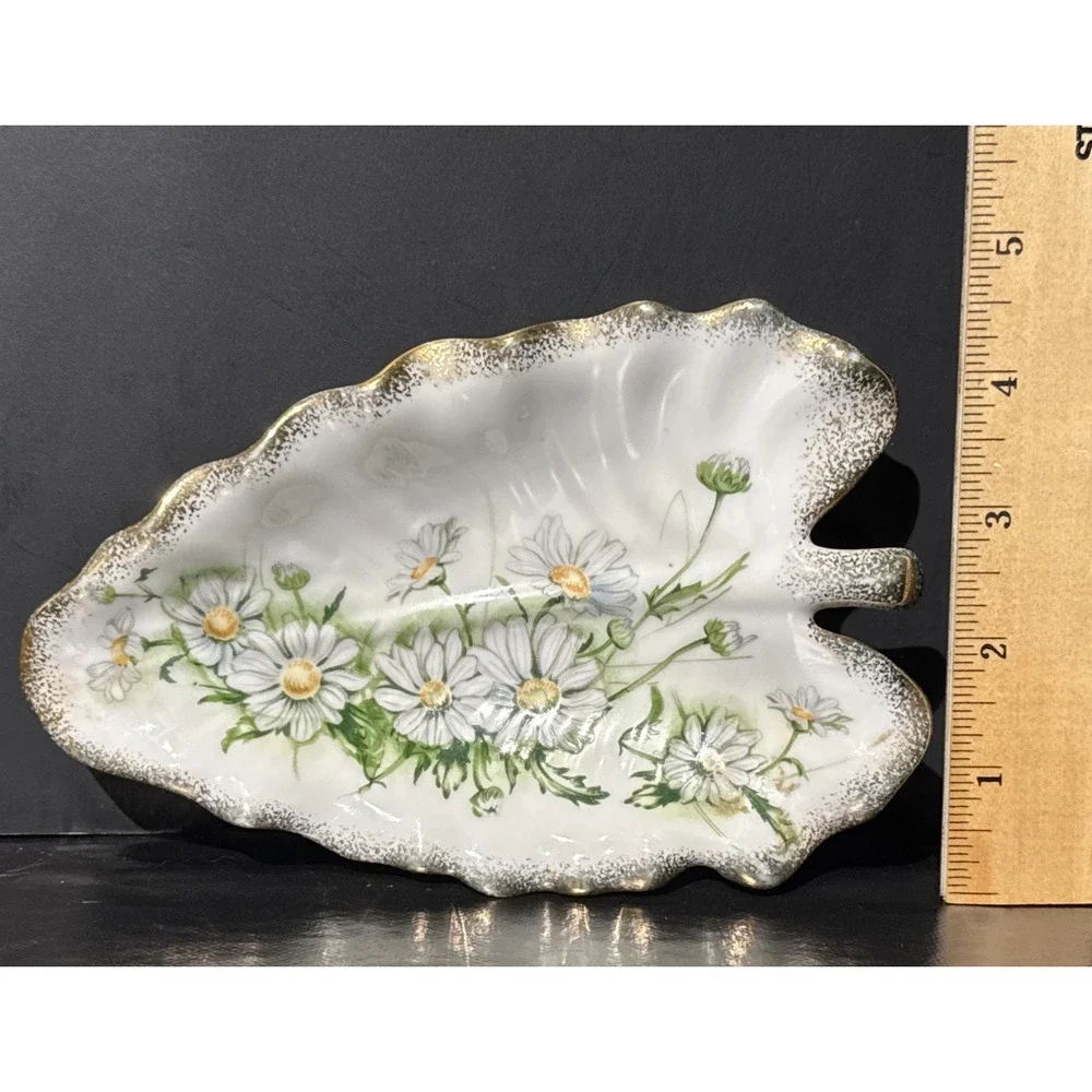 Royal Crown Daisy Bouquet Green White Gold Hand Painted Leaf‎ Dish #3191
